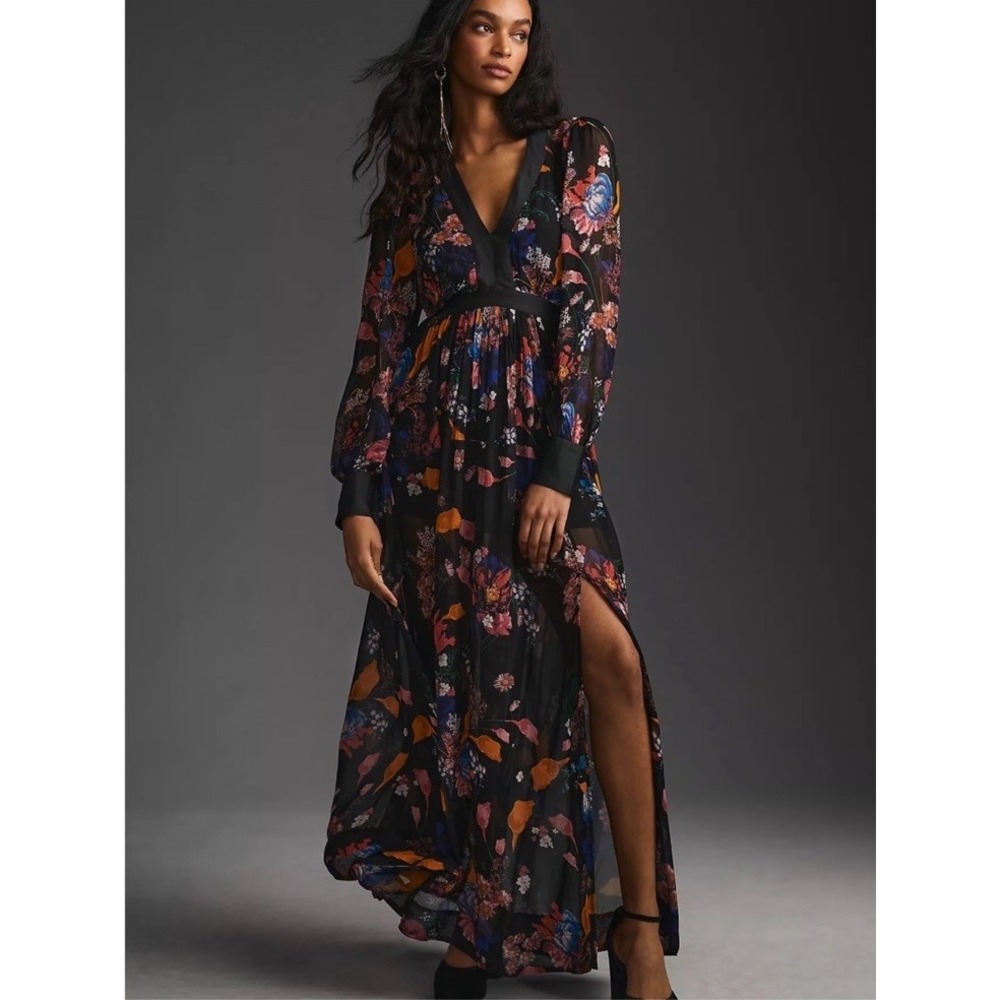 Anthropologie Maeve Deep-V Printed Maxi Dress Size 0 Black Floral Long Sleeves